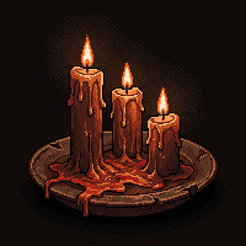 Pixel-art candles on a cracked dish