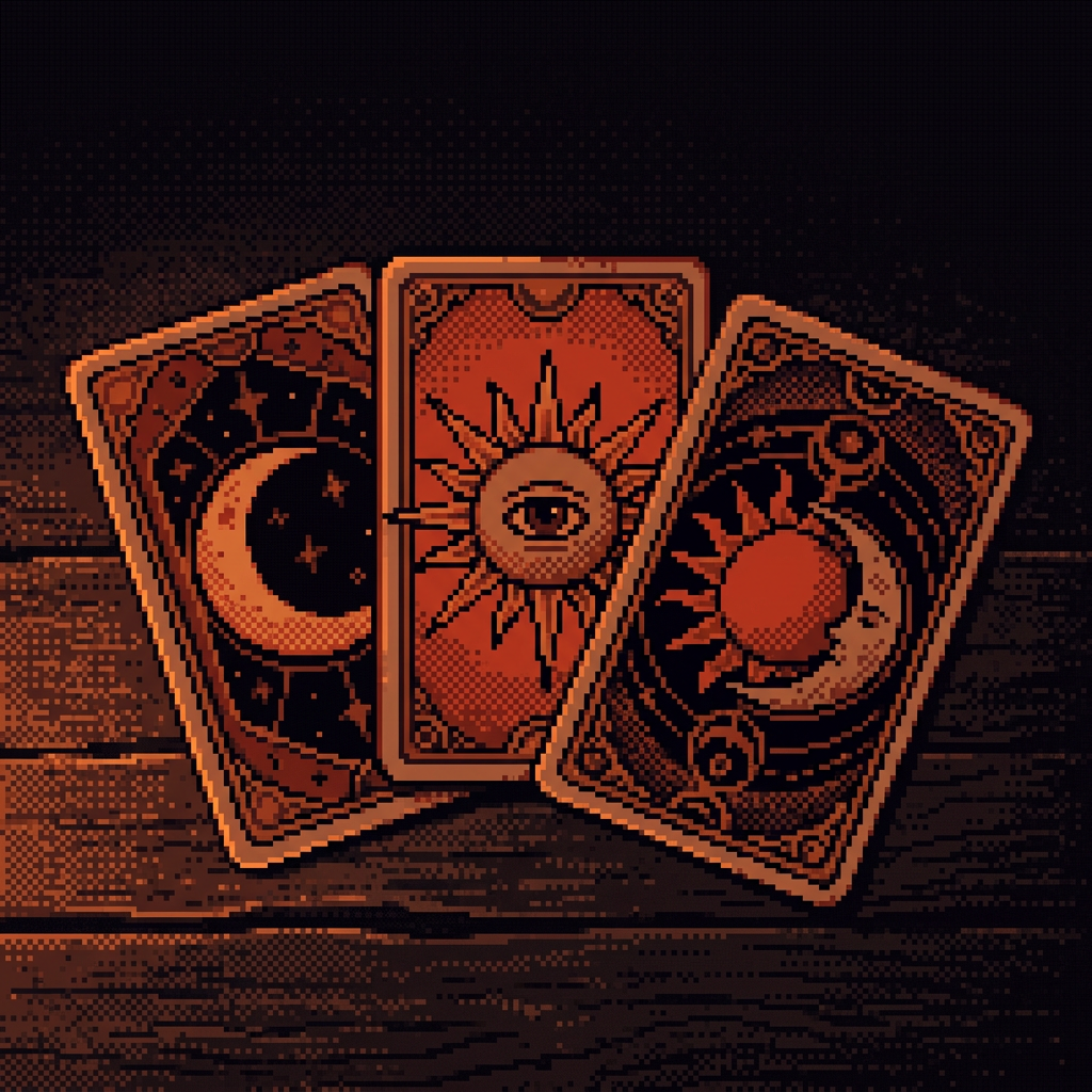 Pixel-art fanned cards with sun and moon symbols