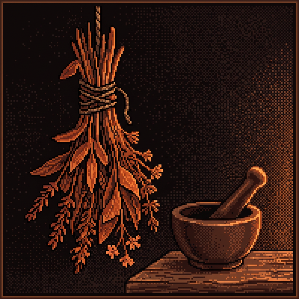 Pixel-art bundle of herbs and a mortar
