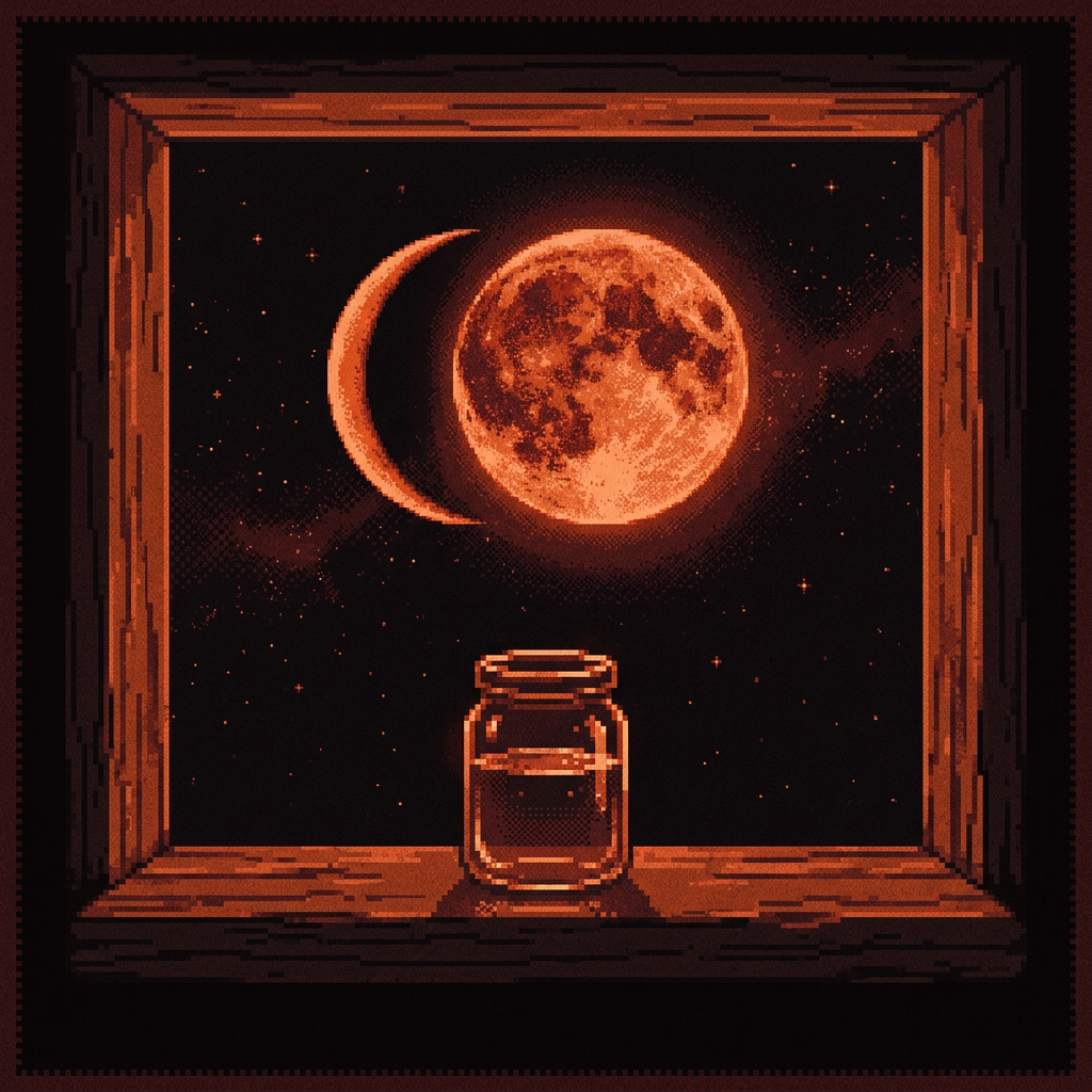 Pixel-art window with a moon and a glass jar