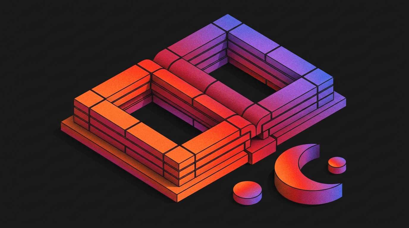 An open book built from stacked blocks in orange, red and violet, with a crescent moon and two discs beside it